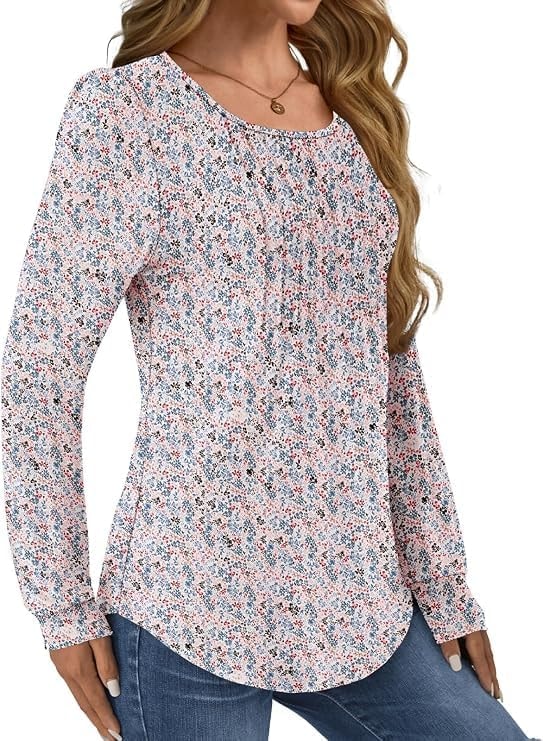 GKBK Women Long Sleeve Shirts Fall Tops Dressy Pleated Scooped Neck Tunic Tops for Leggings Floral White L