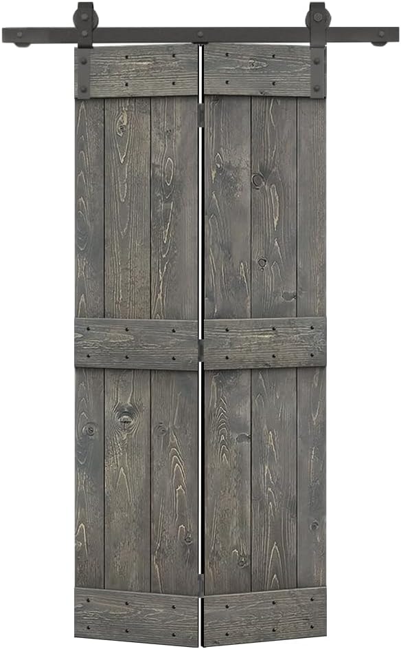 30 in. x 84 in. Mid-Bar Series Weather Gray Stained DIY Wood Bi-Fold Barn Door with Sliding Hardware Kit