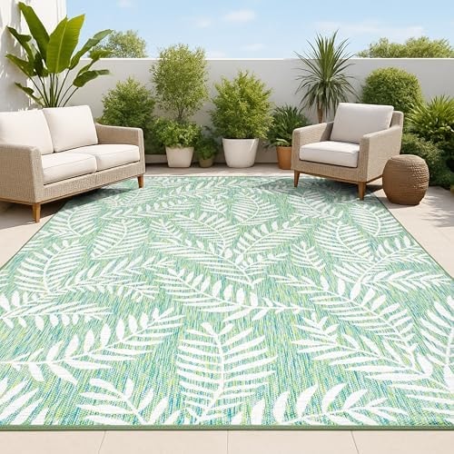 JONATHAN Y Palm Frond Indoor Outdoor Area Rug 5X8 Cream/Green, Nevis for Backyard, Patio, Porch, Easy-Cleaning, High Traffic, Pet-Friendly, Non-Shedding (SMB119G-5)