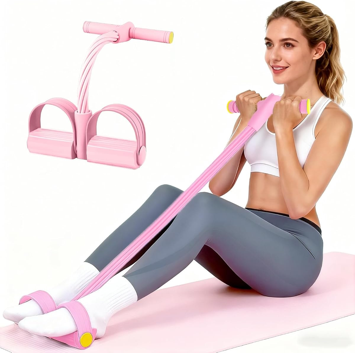 Pedal Resistance Bands with Handles, Upgrade 6-Tubes Elastic Bands for Exercise, Natural Rubber Foot Pedal Resistance Bands, Multifunction Fitness Bands for Abdomen, Waist, Arm, Leg, Pilates (Pink)