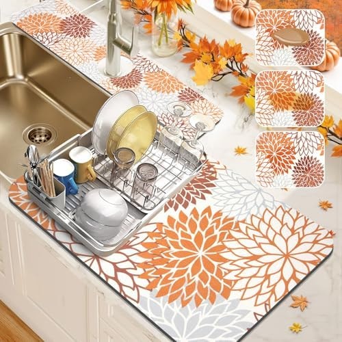Findosom 2Pcs Fall Dish Drying Mat & Sink Splash Guard, Absorbent Dish Mat