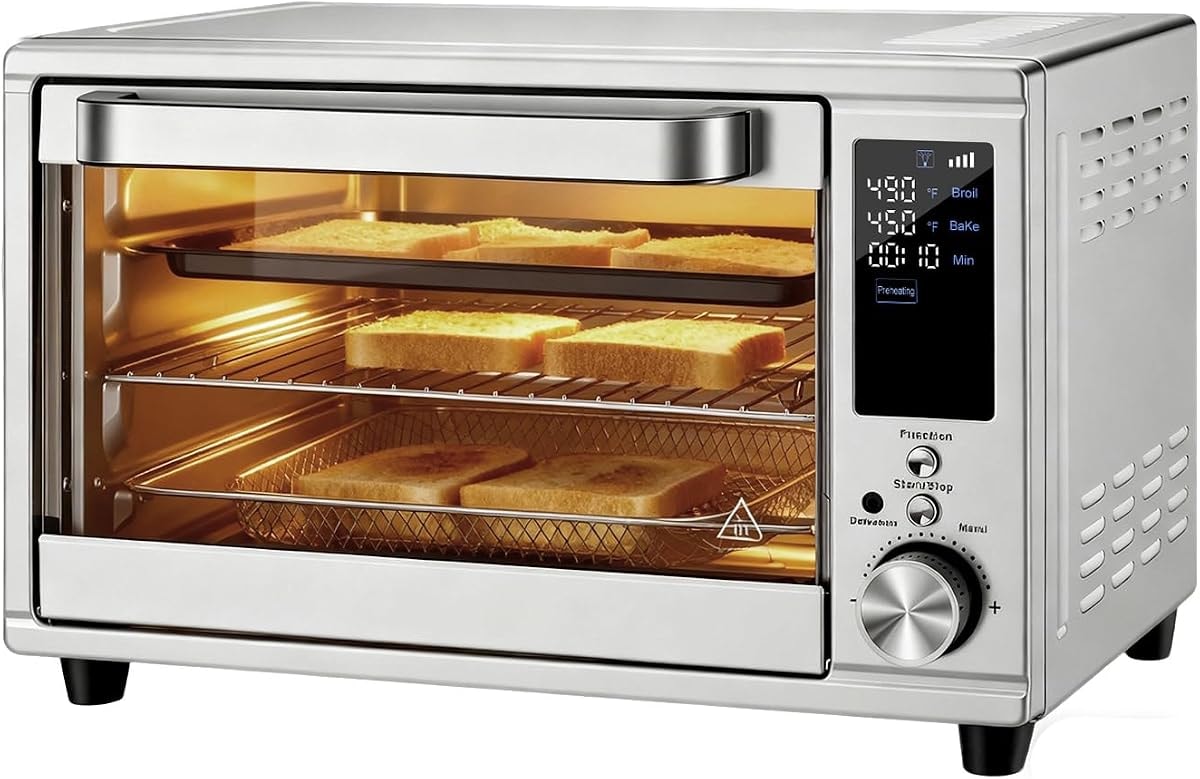 NEWBULIG 30QT Air Fryer Toaster Oven, 13-in-1 Multi-Function Smart Airfryer, Large Countertop Air Fryer Oven, 0-450°F Heating Control, 120 Min Timer, Chrome Fry Basket, Interior Light