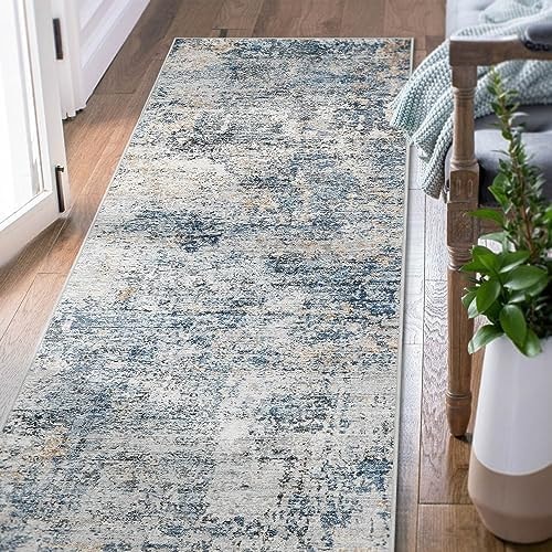 jinchan 3x8 Modern Abstract Washable Non-Slip Runner Rug, Blue