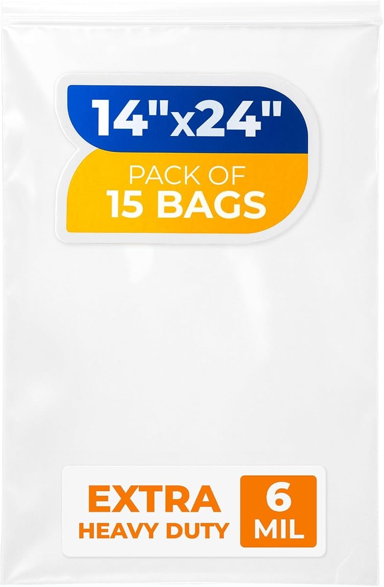 Paclord 14" x 24" Large Zip Seal Lock Bags, 6 Mil (Pack of 15) – Heavy-Duty Reclosable Plastic Bags – Clear, Resealable, Waterproof – For Storing and Organizing Clothes, Jewelry, and Travel Items