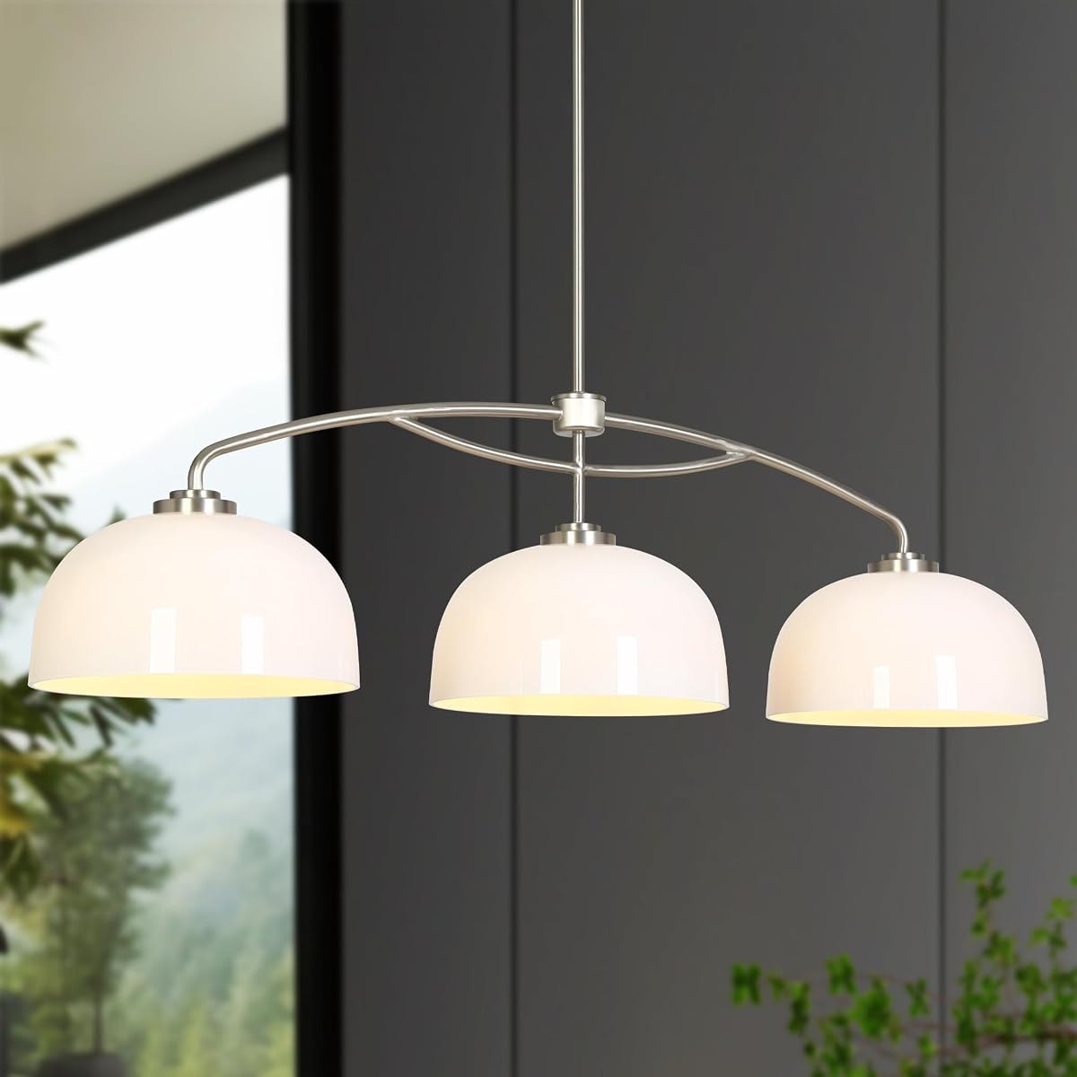 classy leaves Kitchen Island Light, 42" Large Brushed Nickel Linear Chandeliers Industrial 3-Light Ceiling Pendant Light Fixture Dining Room Chandelier with White Dome Glass Shades
