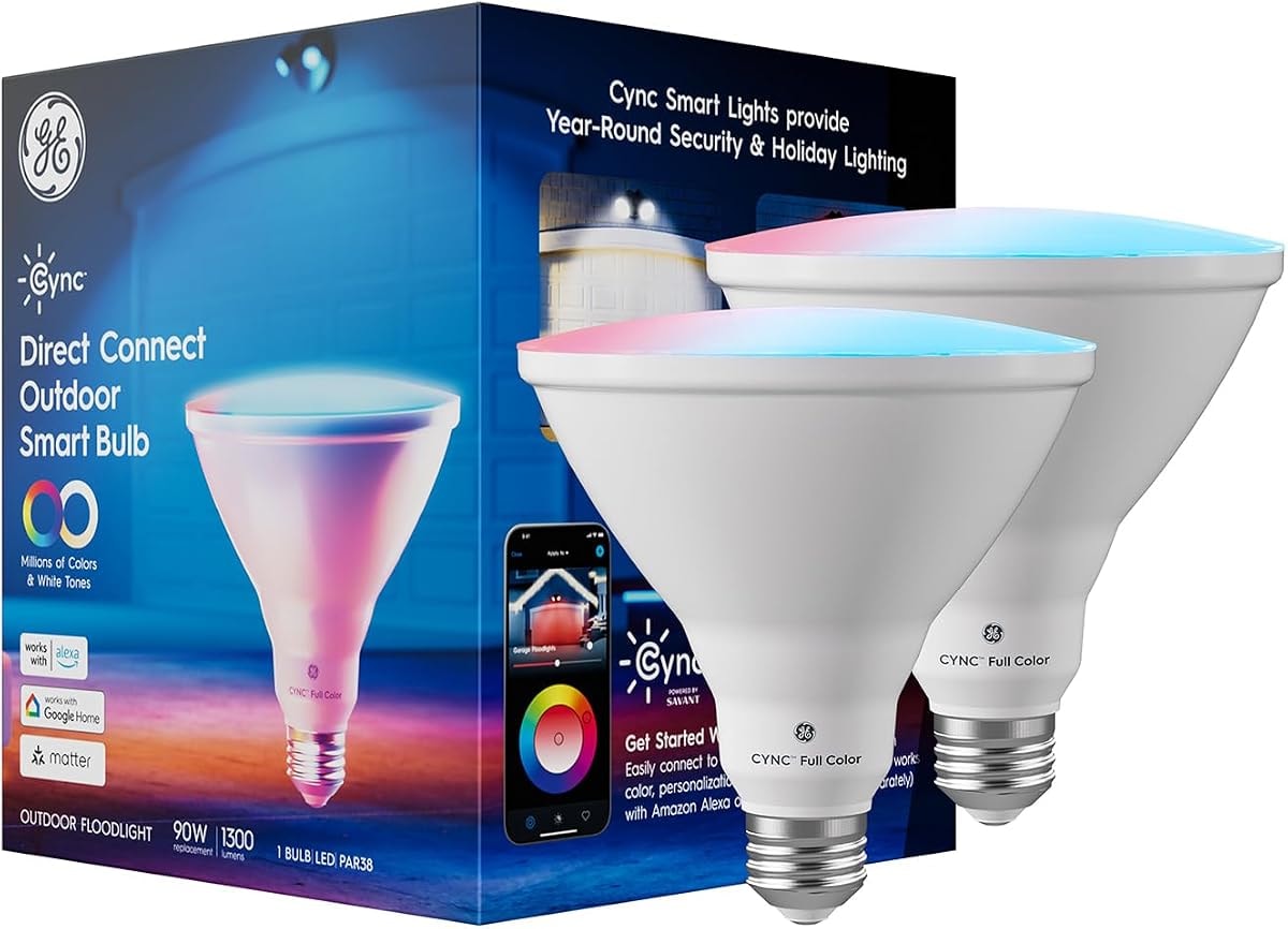 GE Cync PAR38 Smart LED Light Bulb, Color Changing Outdoor Floodlight, Works with Alexa and Google Home (2-Pack)