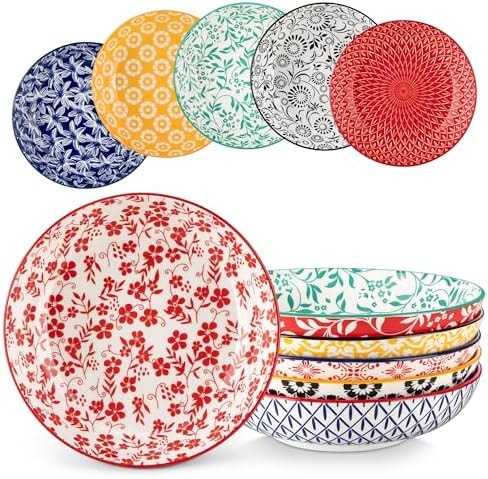 vancasso 8.5" Pasta Bowls Set of 6, 40 oz Porcelain Shallow Salad Bowls, Serving Bowls Pasta Dishes Plates Large Kitchen Bowl Plates, Vivid Floral Design, Microwave Safe, Series SELENE