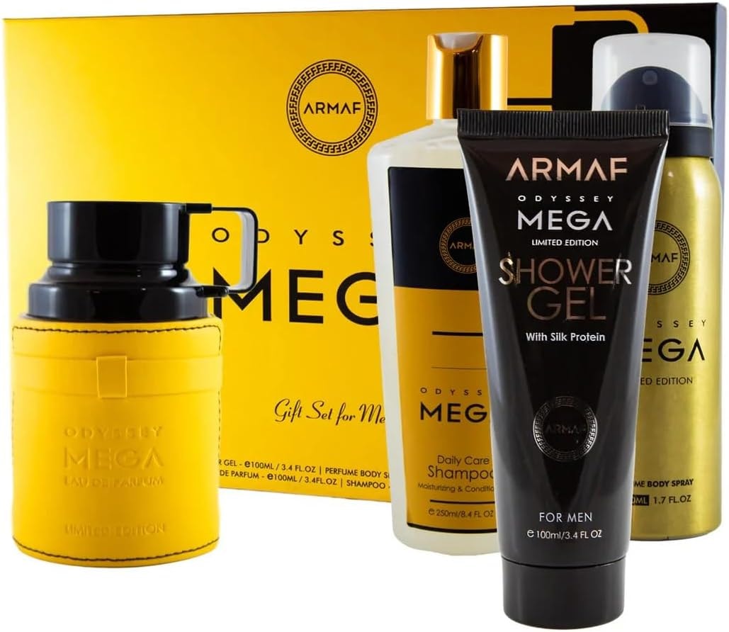 Armaf Odyssey Mega Limited Edition – Citrus, Woody, Fresh – 4-Piece Gift Set for Man (3.4 oz Eau de Parfum + 3.4 oz Shower Gel + 1.7 oz Body Spray + 8.4 oz Shampoo)