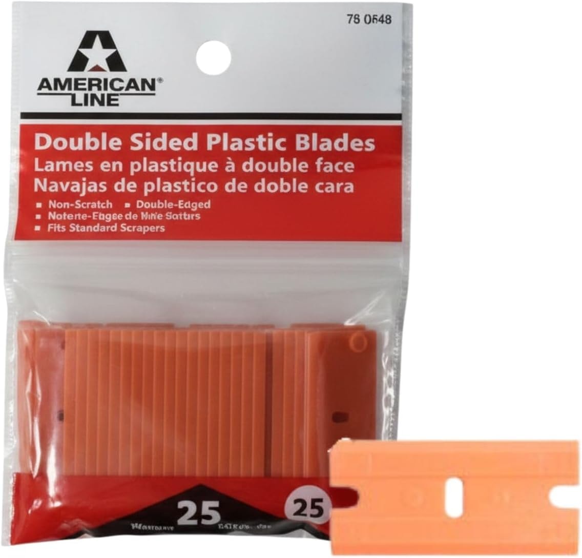 American Line Double Edged Orange Plastic Blades - 25-Pack - Made with Durable Corrosion Resistant Plastic Razor Blades for Stubborn Sensitive Surfaces - 3.25" x 5" x 0.5" - 66-0706