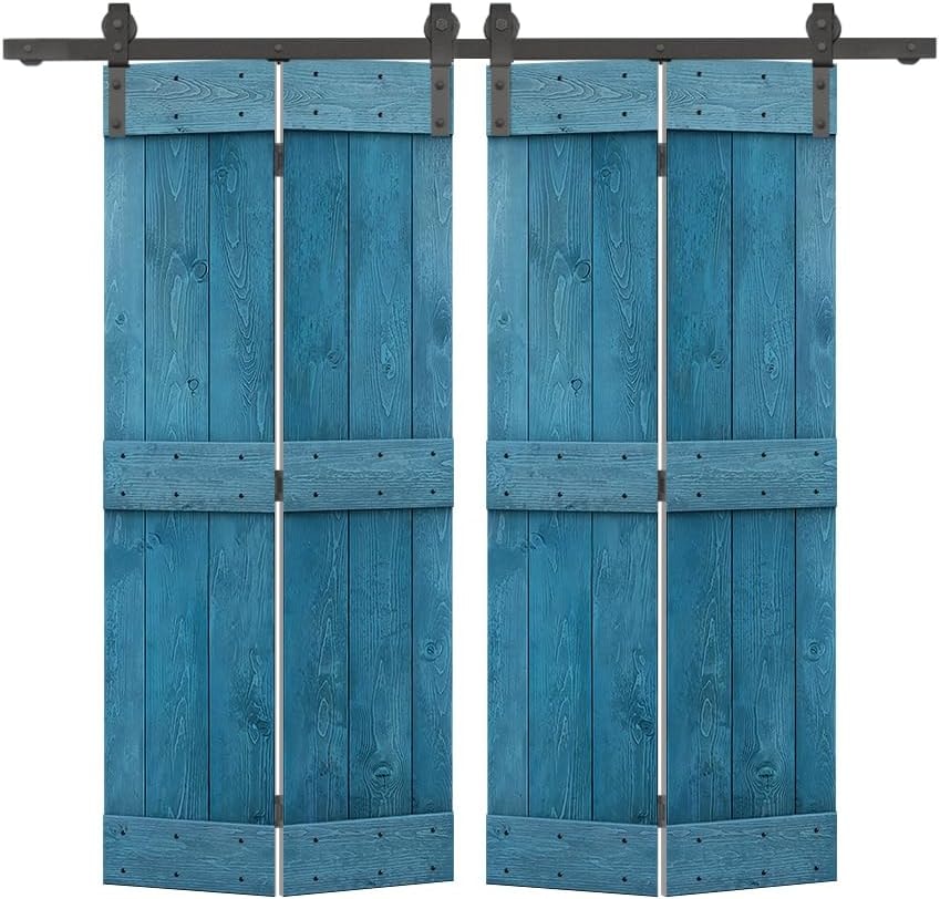 60 in. x 84 in. Mid-Bar Series Ocean Blue Stained DIY Wood Double Bi-Fold Barn Doors with Sliding Hardware Kit
