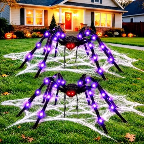 Giant 6.7 FT(Wide) Light-Up Halloween Spider with 9'' Metal Stand, 36 Eerie Purple LED Lights & 8 Modes, Large Spooky Spider Outdoor Decorations for Yard, Lawn, Porch, Haunted House Theme Party