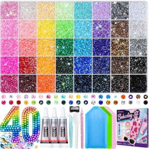 Gionlion 50000Pcs Bedazzling Kit with 3mm Resin Jelly Rhinestones, 40 Colors Flatback Gems, Bedazzler Kit with 3Pcs B7000 Jewelry Glue & Tools for Diamond Art, Nail Gems, Crafting & Gifting