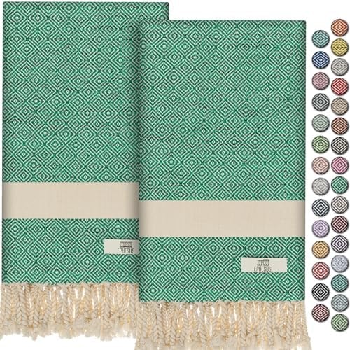 EPHESUS TOWELS Turkish Hand Towels - Set of 2 | 18" x 30" Decorative Boho Guest Bath Towel for Bathroom, Kitchen, Face, Hair, Tea, Dishcloth (Diamond, Benetton)