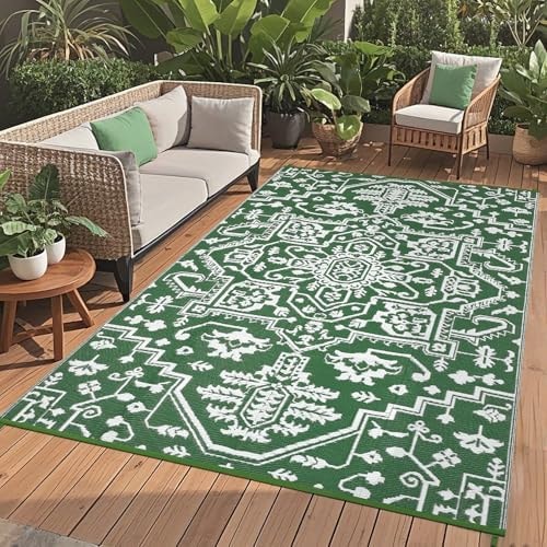 GAOMON 9x12 Waterproof Outdoor Large Rug Reversible Plastic Straw Rug for Patio Camping Indoor Outdoor RV Carpet Mat Stain Outside Large Carpet for Deck Camper Balcony Open-Air, Green White