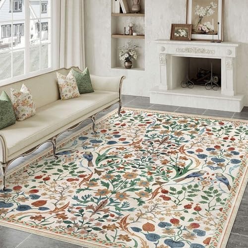 WondRg 6x9 Washable Area Rug Beige Non Slip Floral Carpet