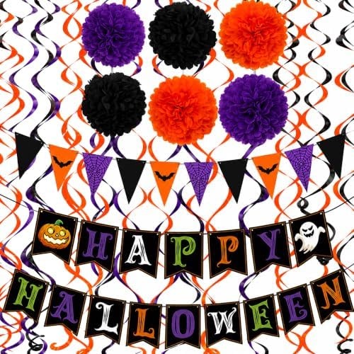 Halloween Decorations - HAPPY HALLOWEEN Banner with Hanging Swirls Pompoms