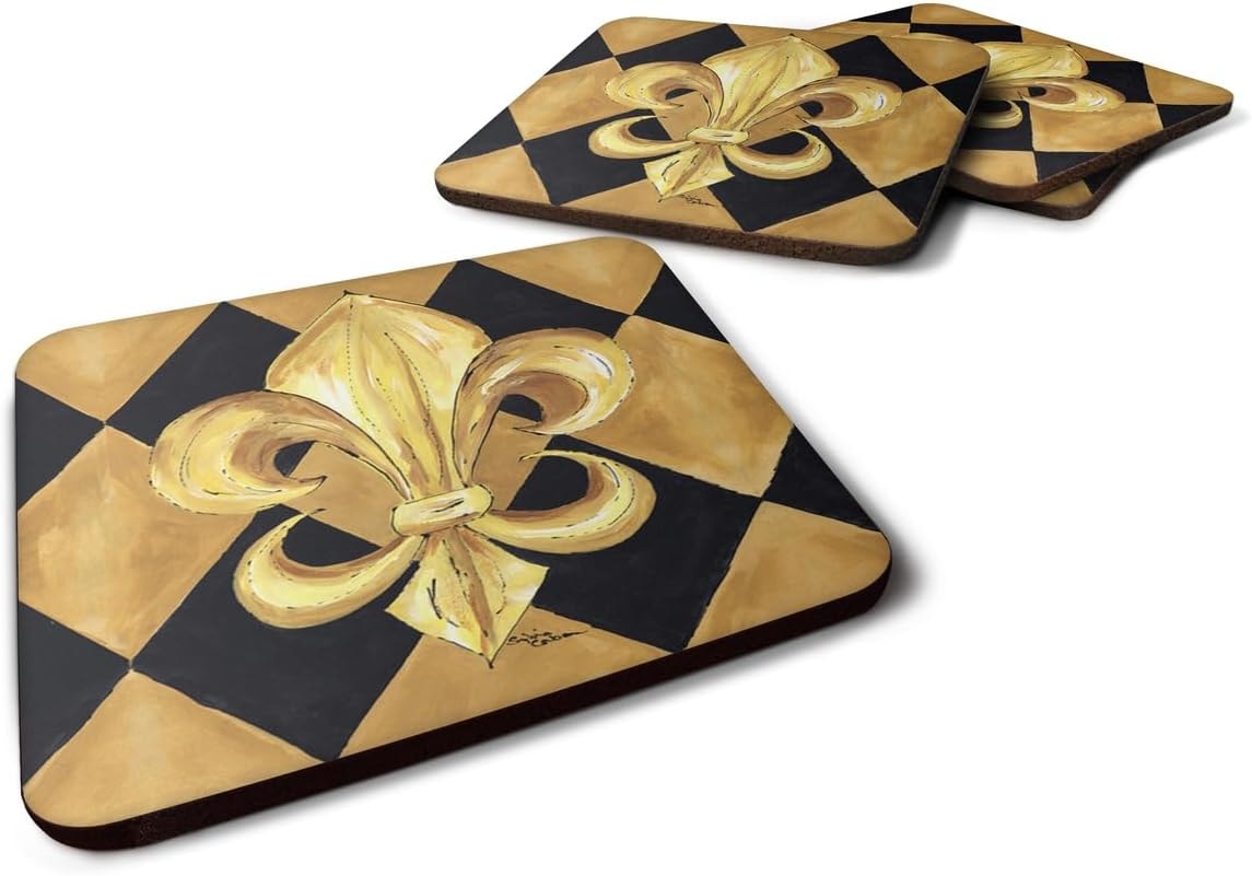Caroline's Treasures 8125FC Black and Gold Fleur de lis New Orleans Foam Coasters (Set of 4), 3.5" H x 3.5" W, Multicolor