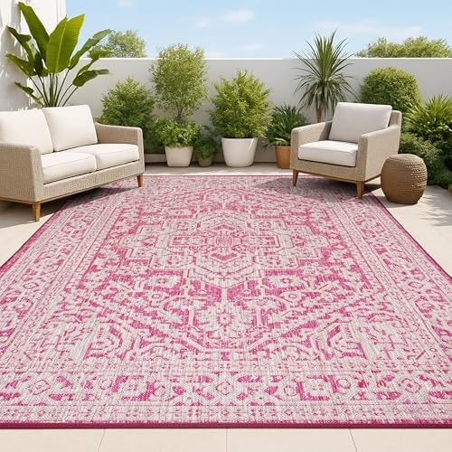 JONATHAN Y Medallion Weave Indoor Outdoor Area Rug 5X8 Fuchsia/Light Gray, Sinjuri Textured for Backyard, Patio, Porch, Easy-Cleaning, High Traffic, Pet-Friendly, Non-Shedding (SMB101G-5)
