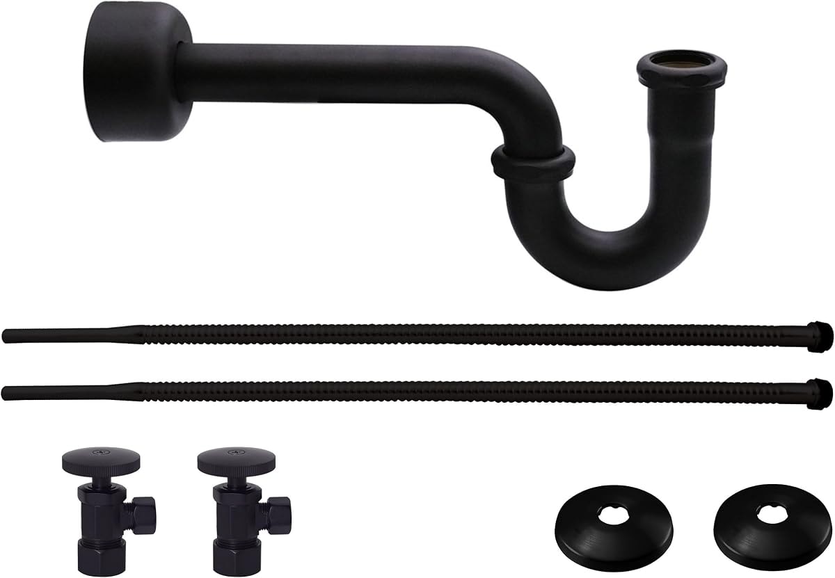 Westbrass A1538L-62 Pedestal Sink Lavatory Supply Line Kit with P-Trap and Round Handle Angle Stops, Matte Black
