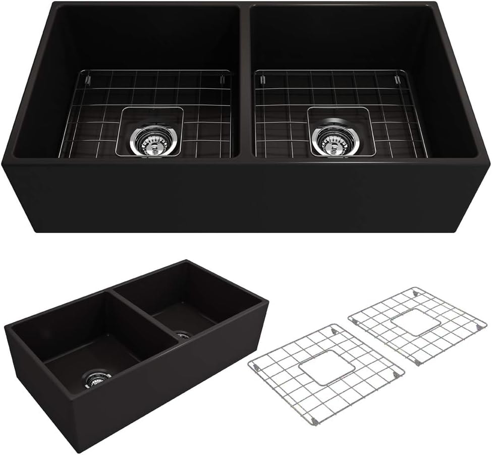 BOCCHI Contempo Farmhouse Apron Front Fireclay 36 in. Double Bowl Kitchen Sink with Protective Bottom Grid and Strainer in Black