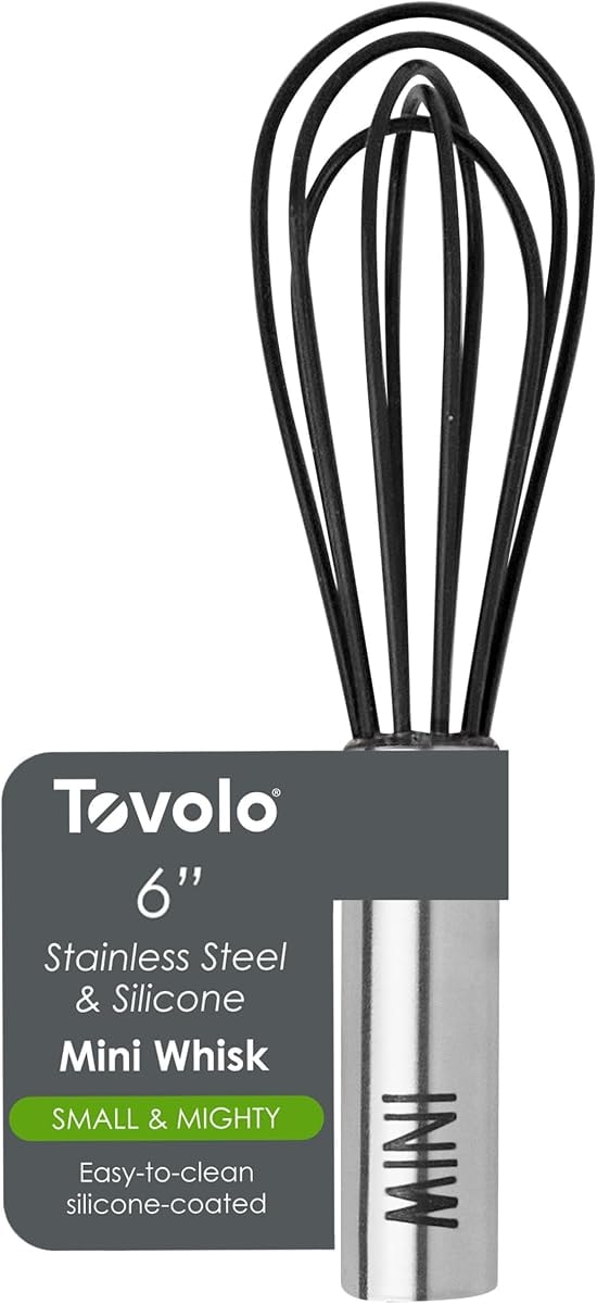 Tovolo Mini Whisk Stainless Steel 6 Inch Tiny Whipper Silicone Whisker for Cooking Blending Mixing Stirring Whisking Egg Beating, Easy to Clean Dishwasher Safe Small Kitchen Mini Metal Whisk, Black