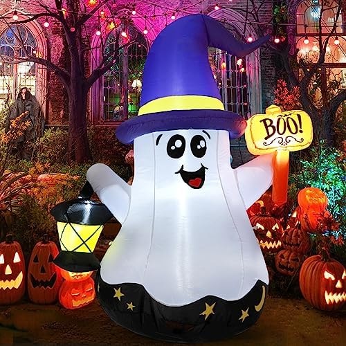 GOOSH 5 FT Halloween Inflatables Ghost Outdoor Decorations Blow Up Yard Cute Wizard Ghost with Hand-Held Light with Built-in LEDs for Garden Lawn Indoor Party Decor