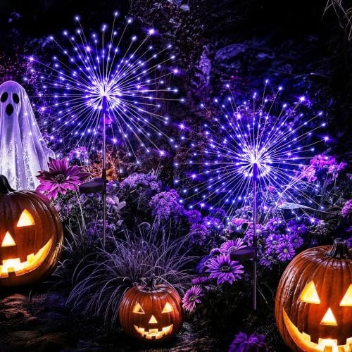 GIGALUMI 2 Pack Solar Firework Lights Outdoor, Halloween Decor, Purple