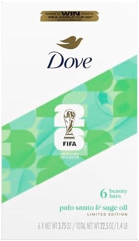 Dove FIFA Beauty Bar Soap 6 Count, Palo Santo & Sage Oil, 3.75 oz I Limited edition moisturizing beauty bar with Palo Santo and Sage Oil for soft, smooth skin