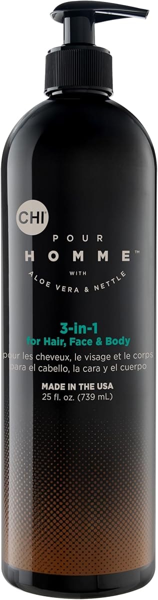 CHI Pour Homme 3-in-1 Hair, Face & Body Wash for Men, Sulfate-Free Cleansing & Moisturizing Shampoo, Fresh Woody Scent, Aloe Vera & Nettle-Infused Grooming Cleanser, 25 oz