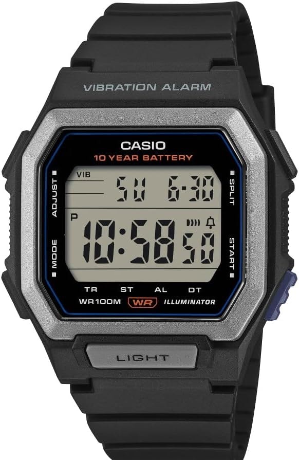 Casio W-738H Series | W-738H-1AV Digital Sports Watch for Men, 10-Year Battery, Vibration Alarm, 100M Water Resistant, LED Backlight, Dual Time, Stopwatch & Countdown Timer, Resin Strap | Black|Silver