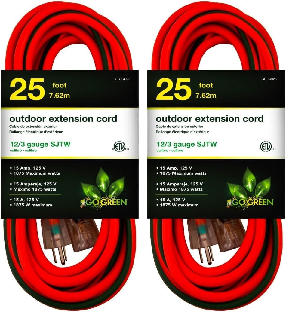 GoGreen Power Inc. (G-14025-2) 12/3 25' Heavy Duty Extension Cord - Orange, 25ft, 2 Pack