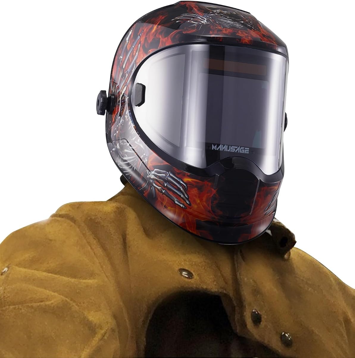 MANUSAGE Panoramic View Welding Helmet Auto Darkening, Welding Hood with 4 Arc Sensor Solar Power, True Color Shade 5-8 and 9-13 Idear for TIG MIG ARC, Adjustable Delay and Sense (E980S Decor)