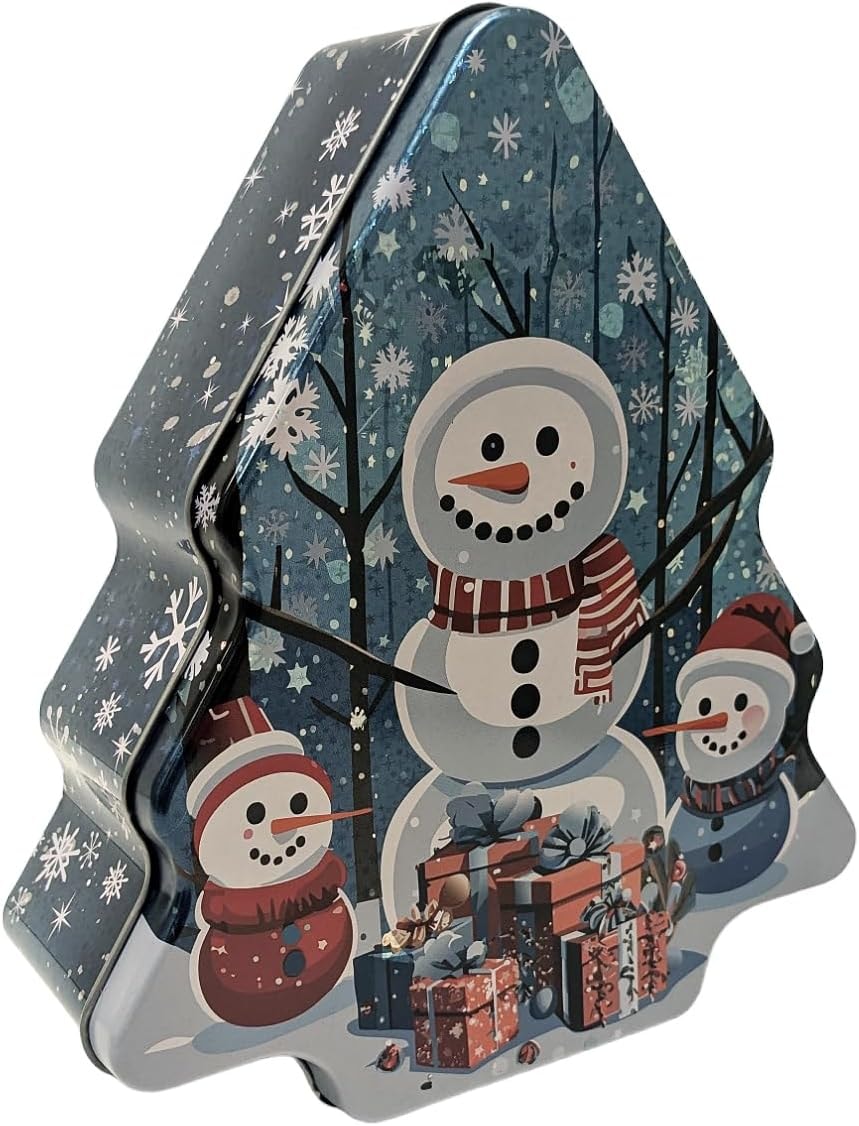 The Tin Box Company Holiday Snowman Tree-Shaped Cookie Storage Tin, Sparkle Finish, Food Safe, 7 x 2.5 x 8"H