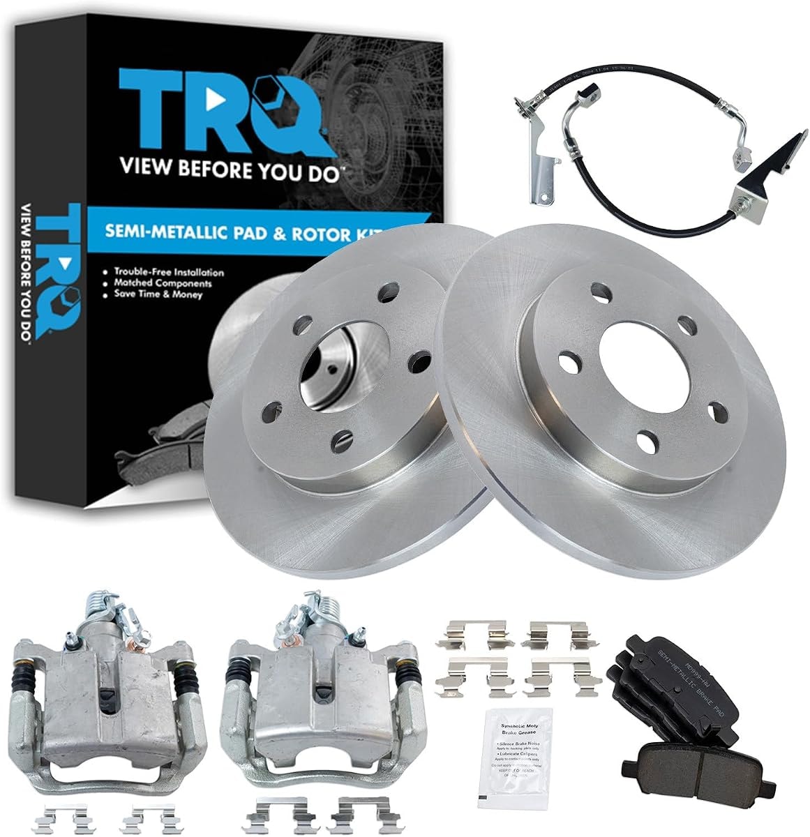 TRQ Rear Brake Pad and Rotor Set Semi Metallic Rotors Calipers Compatible with 2005-2009 Buick LaCrosse 2005-2008 Pontiac Grand Prix
