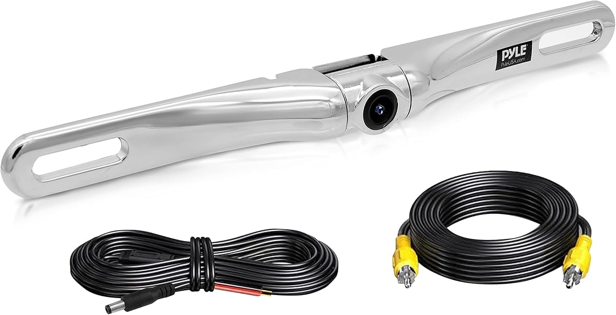 License Plate Rear View Camera - Built-in Distance Scale Lines Backup Parking/Reverse Assist Waterproof Adjustable Slim Bar Cam with 420 TVL Resolution & RCA Output Zinc Metal Chrome - Pyle PLCM18SC, 10 inches