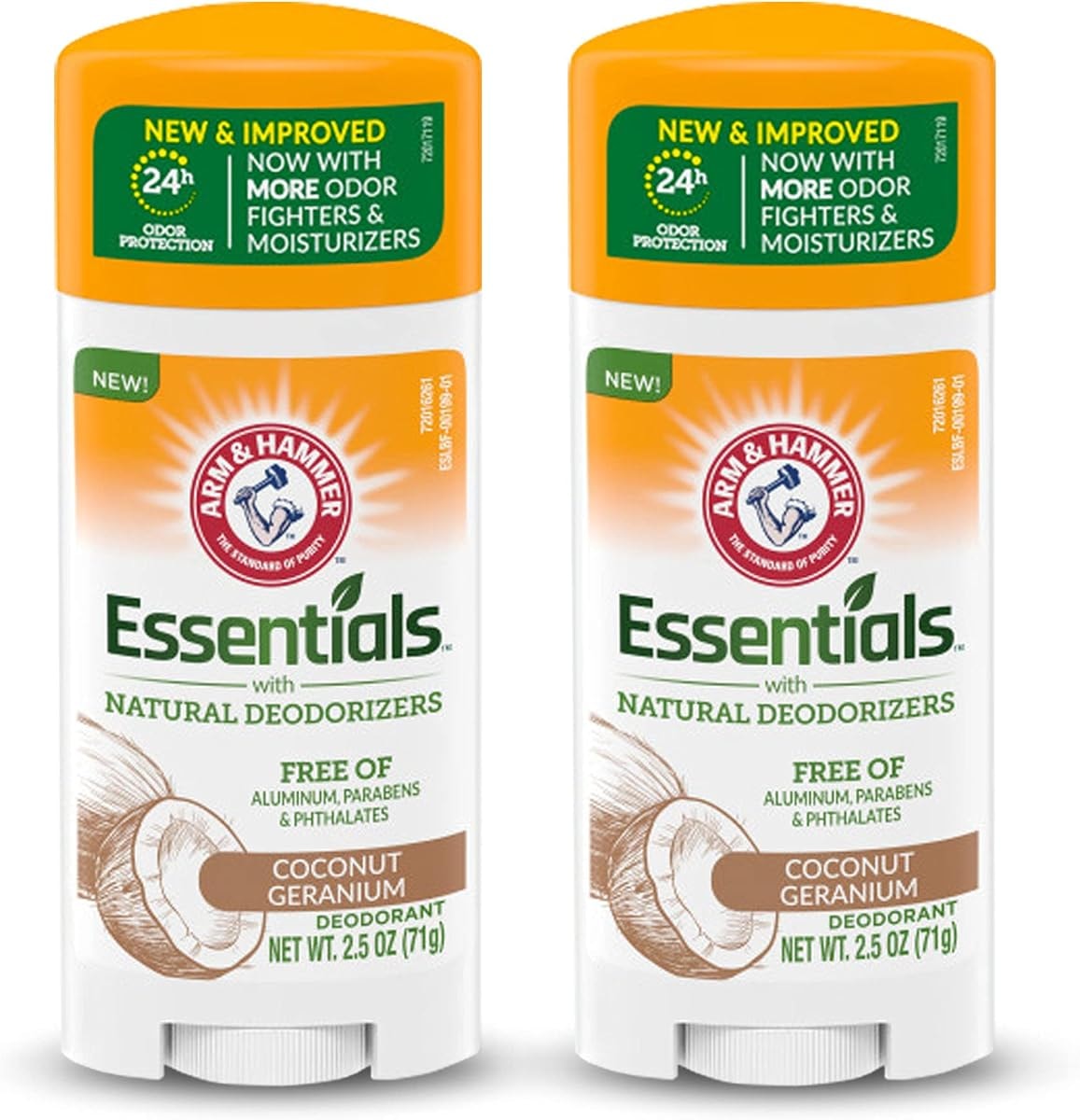 ARM & HAMMER Essentials Deodorant - Made with Natural Deodorizers - Coconut Geranium - Free From Aluminum, Parabens & Phthalates, 2.5 oz (Pack of 2)
