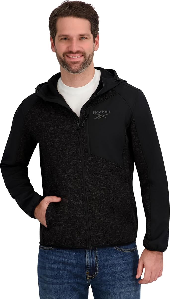 Reebok Mens Full Zip Hooded Sweater Fleece Jacket, Black, L