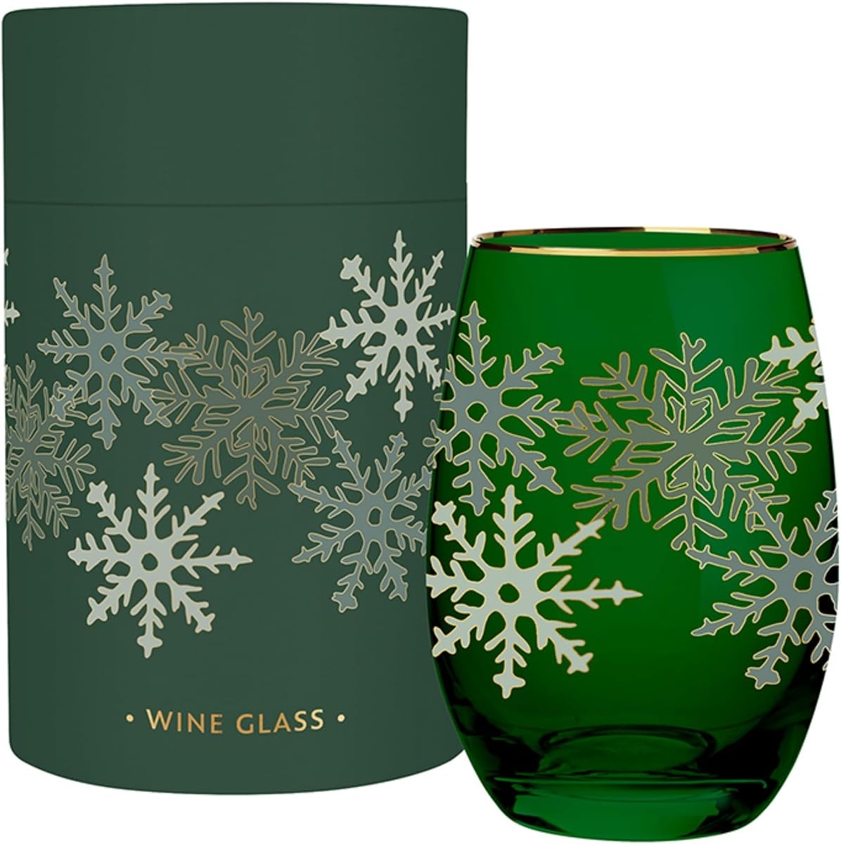 Santa Barbara Design Studio Holiday Stemless Wine Glass with Gold Foil Accent and Gift Box, Holds 17 Fluid Ounces, Green and White Snowflakes