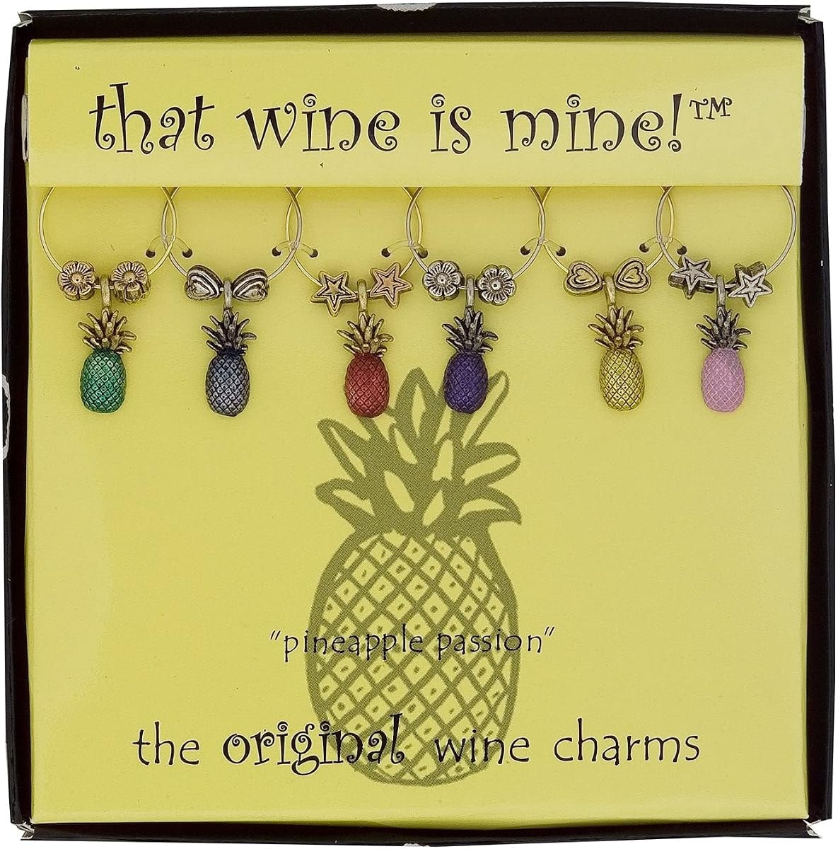 Wine Things Pineapple Wine Charms, Zinc Alloy Wine Glass Tags for Stem Glasses, Drink Markers Identifiers for Parties, Tastings, and Entertaining, Multicolor, Set of 6