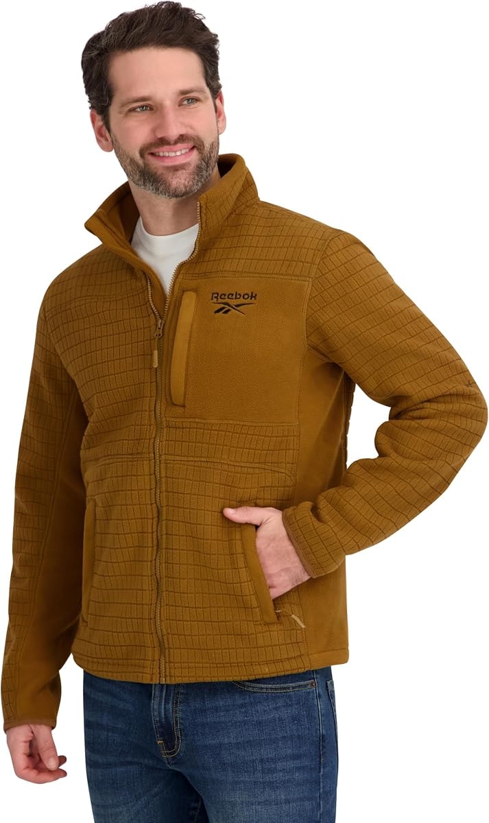 Reebok Mens Mock Neck Zip-Up Grid Polar Fleece Shell Jacket, Timber, S