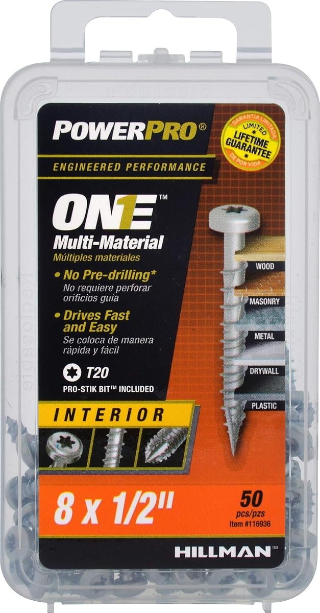 Power Pro Premium One Multi-Material Pan Head Screws, Zinc Plated Steel, Fasten in Wood, Metal, Concrete, Drywall and Plastic, Silver, #8 x ½ inch, Box of 50 Screws