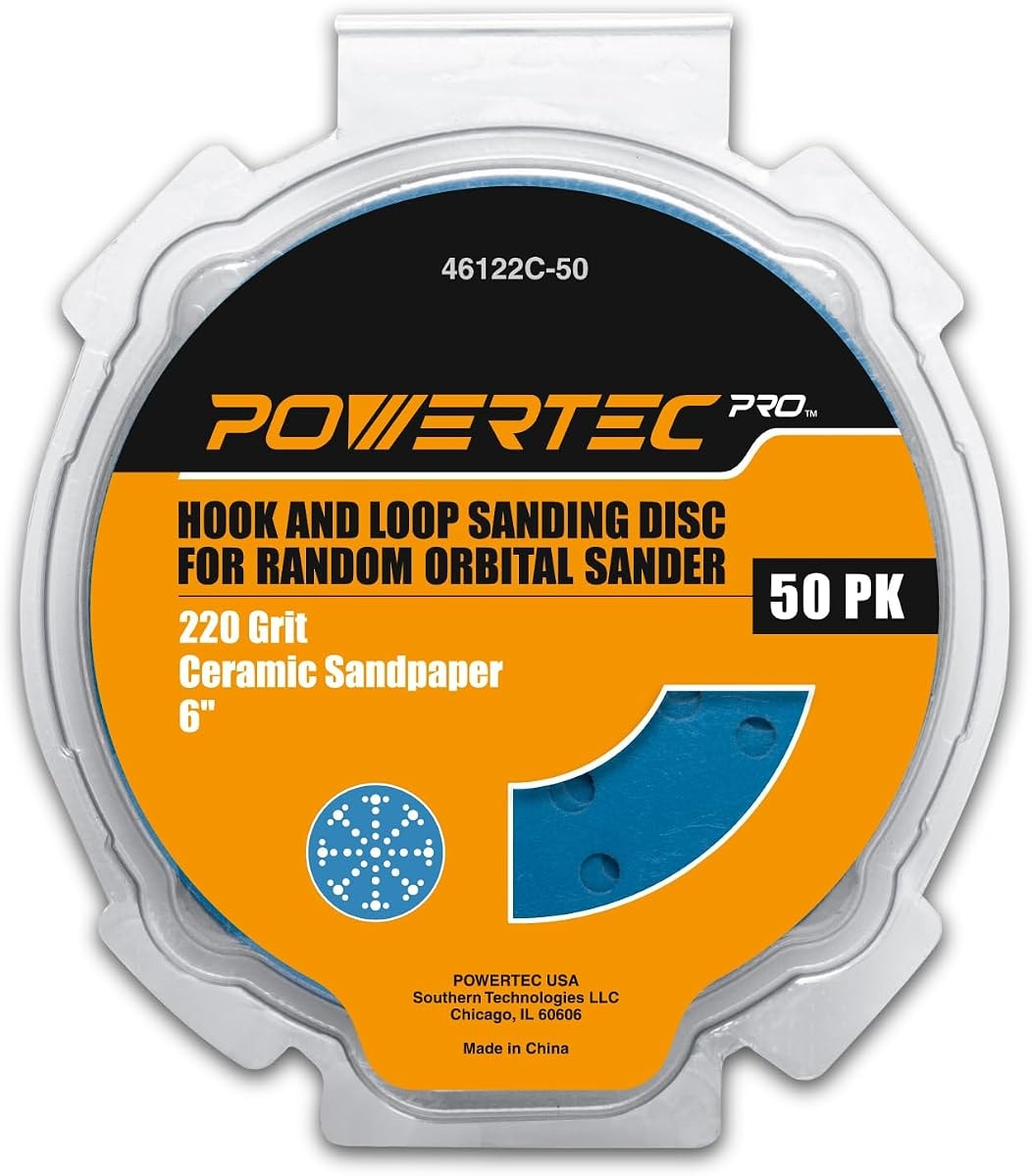POWERTEC PRO 50PK, 6 Inch 49 Holes Hook and Loop Sanding Disc, 220 Grit, Ceramic Hook and Loop Backing Discs for Festool Random Orbital Sanders - Automotive, Paint, Metal, Woodworking (46122C-50)