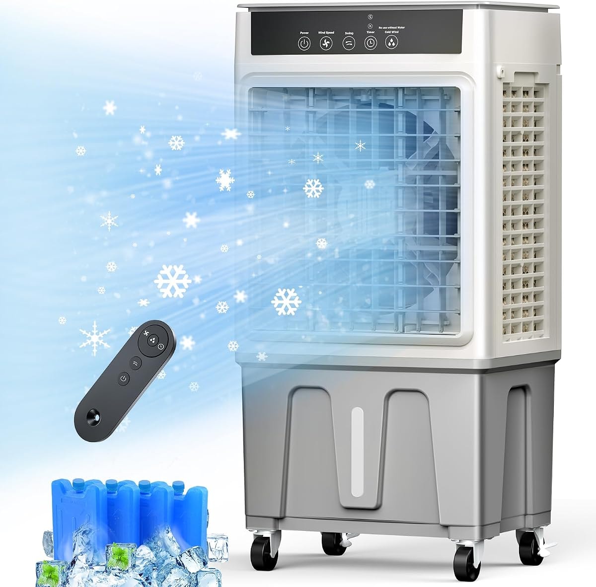 Windowless Swamp Cooler, 3 in 1 Evaporative Portable Air Conditioner with Remote, Cooling Fan Ac Unit,3 Speed, 24H Timer, 5.3 Gal Water Tank, 4 Ice Box for Garage, Patio, Bedroom Home Office Outdoor