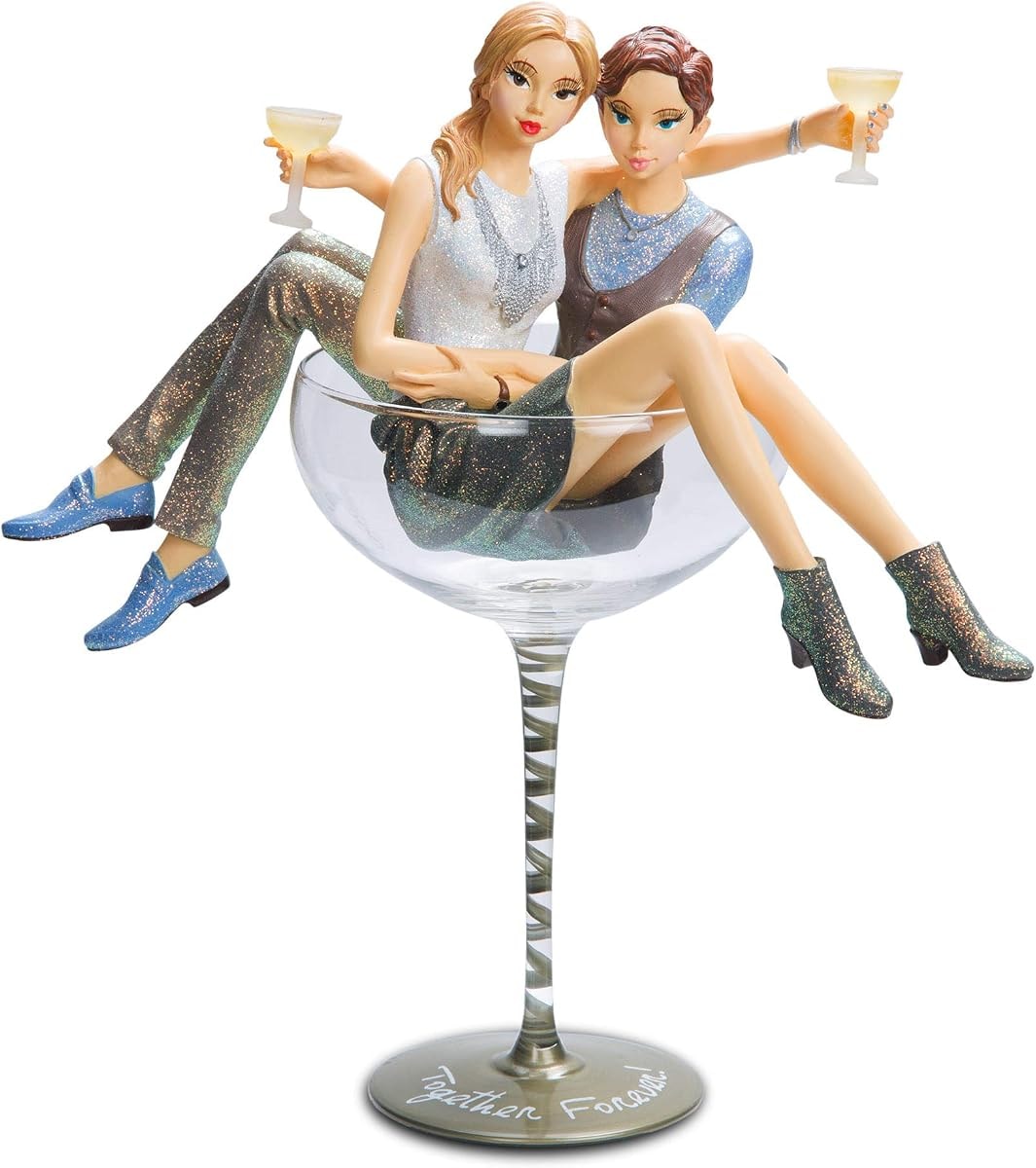 Pavilion Gift Company Hiccup - Together Forever Lesbian Girl Figurines in Swirl Silver Martini Glass, Off-White