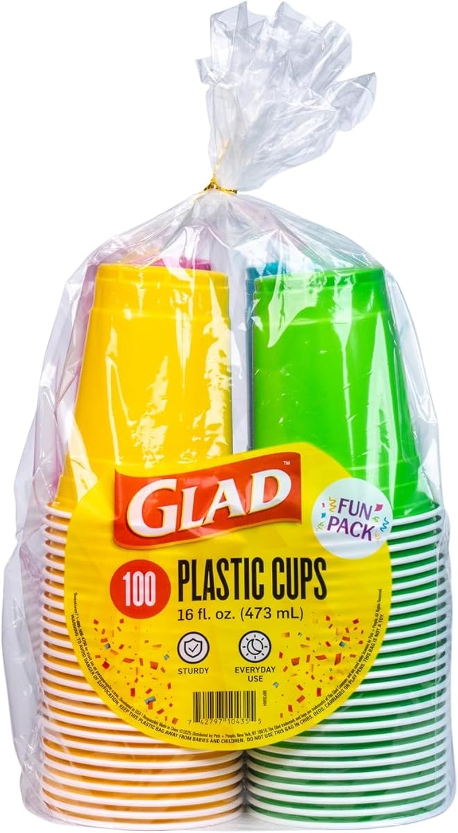 Glad Plastic Cups Fun Pack in 4 Colors - Pink, Green, Blue & Yellow, Sturdy Party Cups in Bright Colors - Ideal for Everyday Use or Special Occasions, 16 Oz, 100 Count