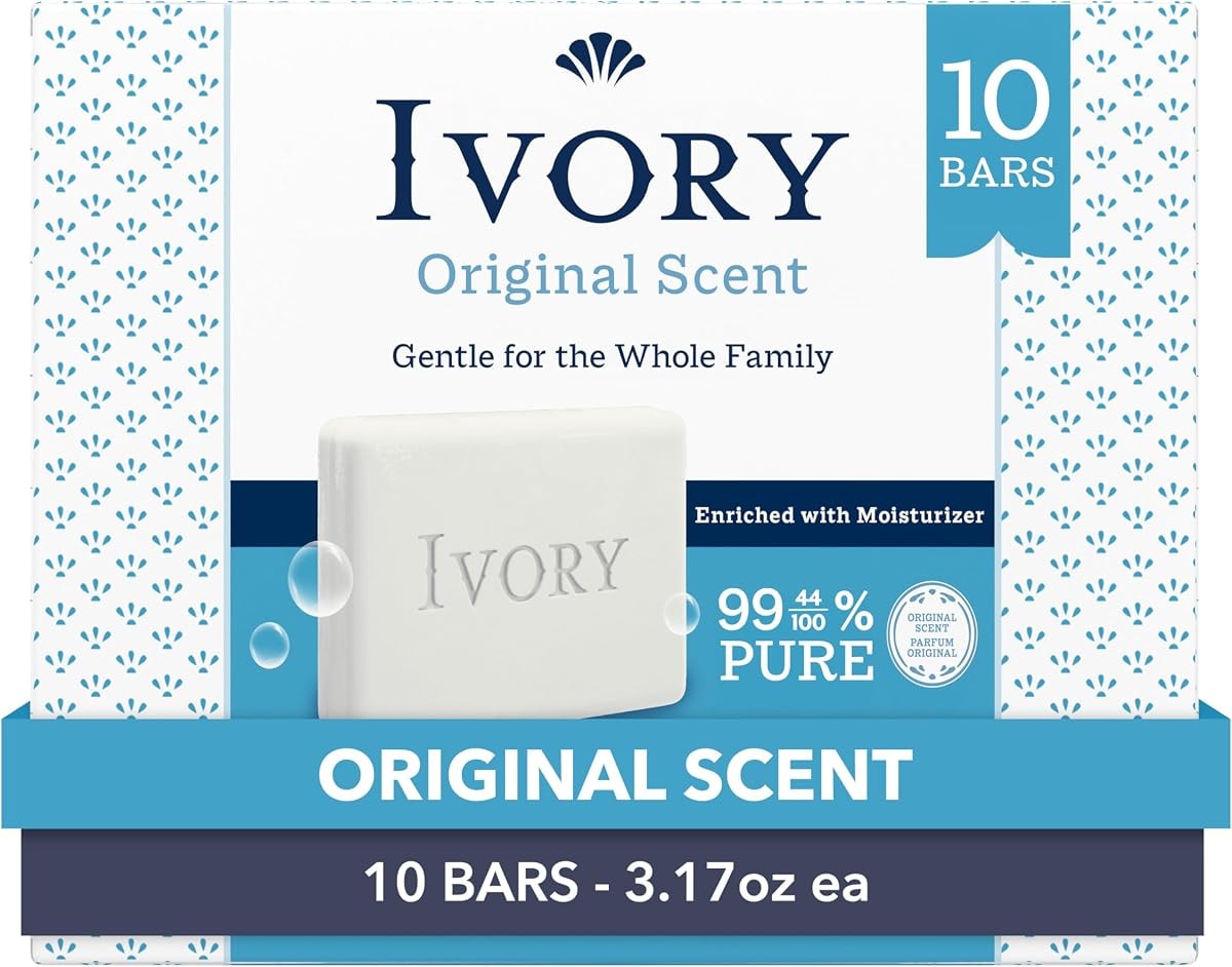 Ivory Gentle Bar Soap, Designed for Whole Family, 99.44% Pure Formula, Plant-Based Cleanser, Made Without Heavy Perfumes, Parabens & Phthalates, For All Skin Types, Original Scent, 3.17 oz (10 Count)