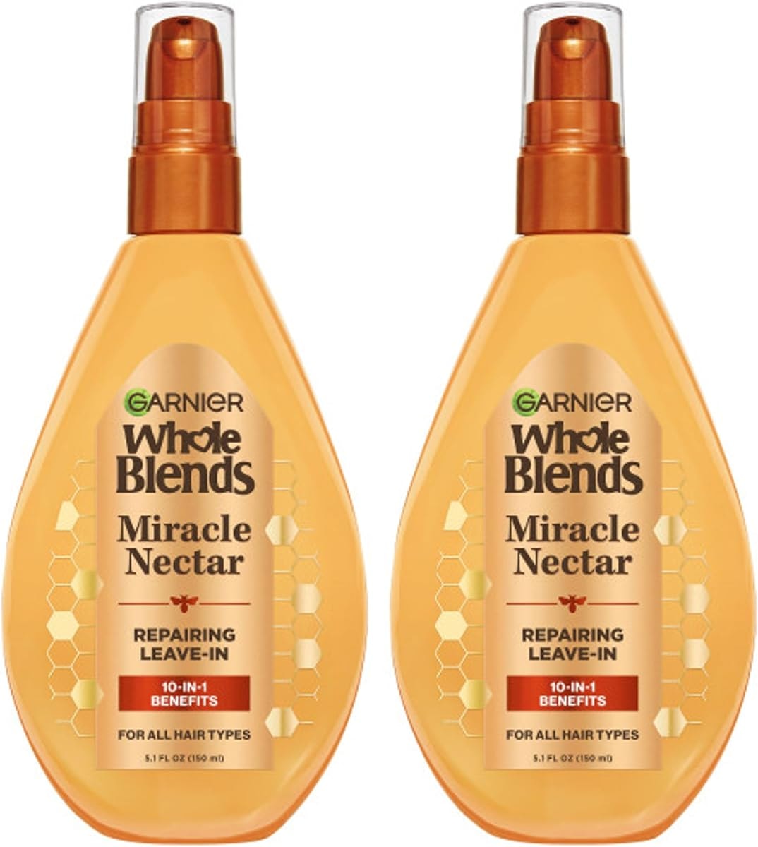 Garnier Whole Blends Sulfate Free Remedy Miracle Nectar 10-in-1 Repairing Leave-In Conditoner for All Hair Types, Honey Treasures, 5 Fl Oz, 2 Count (Packaging May Vary)