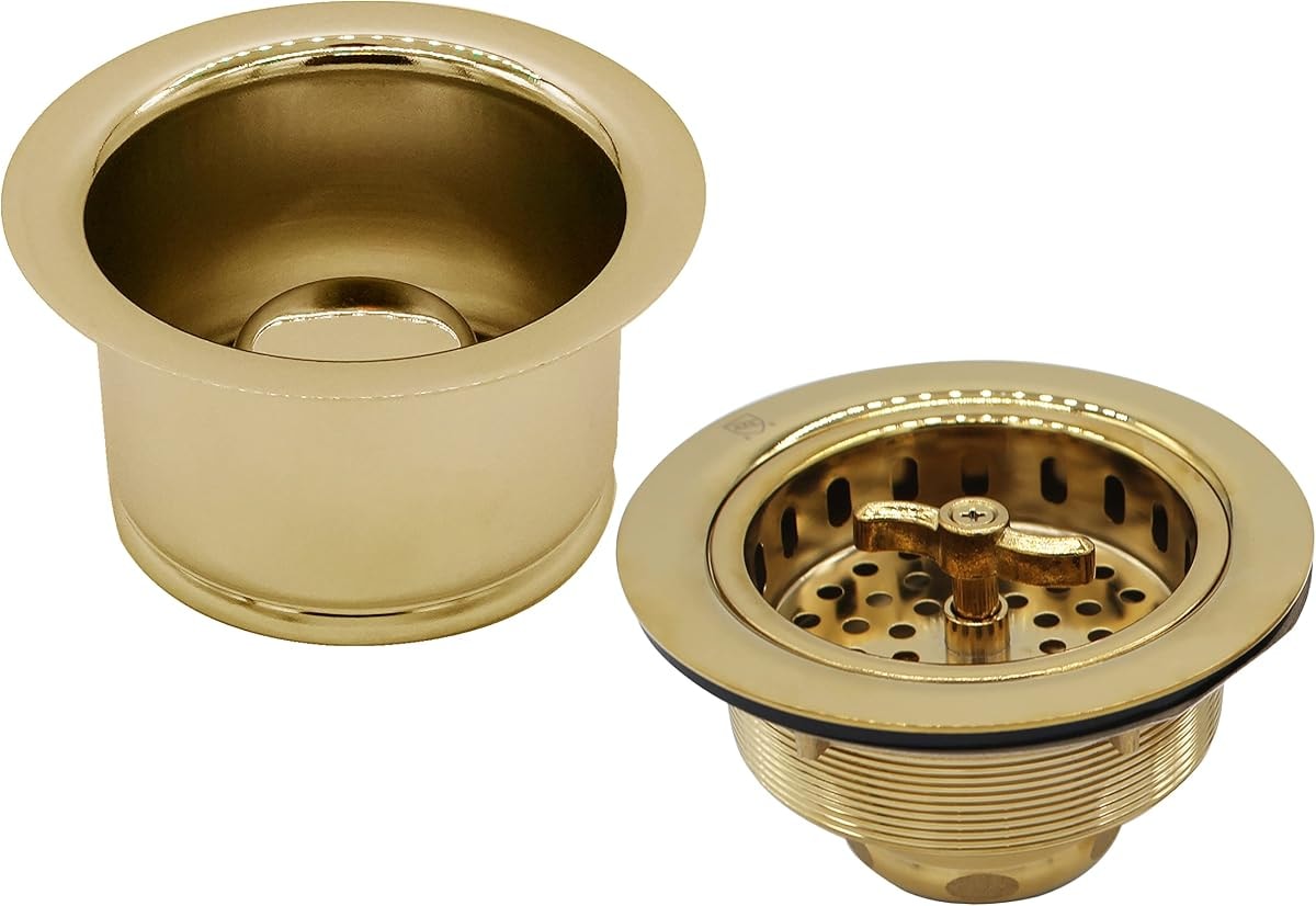 Westbrass CO2195-01 Combo Pack 3-1/2" Wing Nut Twist Style Large Kitchen Sink Basket Strainer and Extra-Deep Collar Kitchen Sink Waste Disposal Flange with Stopper, Polished Brass