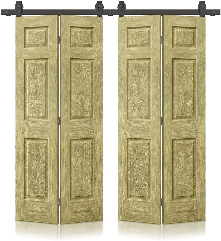 48 in. x 84 in. Hollow Core Antique Gold Stain 6 Panel MDF Double Bi-Fold Barn Door with Sliding Hardware Kit