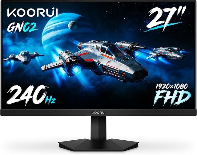 KOORUI 27" FHD 1080p Gaming Monitor 240Hz 1ms, FreeSync Premium, G-SYNC Compatible, 95% DCI-P3, DisplayPort 1.4, HDMI 2.0, VESA Mount, Tilt Adjustable, Black, GN02